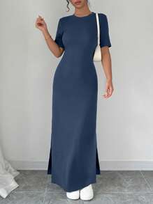 Selianne 女式V领开衩纯色短袖长裙女装 - 藏蓝色 - 查看 5