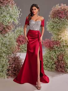 Glamrae Váy dài đuôi cá xẻ tà bằng vải satin đính hạt đàn hồi màu bạc sang trọng, thanh lịch, sang trọng trễ vai, viền xếp nếp, thích hợp cho đám cưới, tiệc tùng, câu lạc bộ, ngày lễ, váy dạ hội (được trang trí nhiều chi tiết) - Đỏ - Xem 5