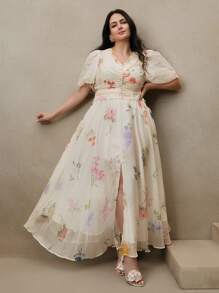 Anewsta 大码花卉印花 V 领高开衩短袖连衣裙 - 杏色 - 查看 3