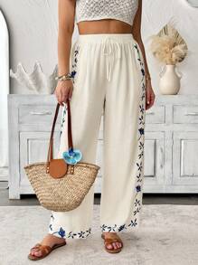Breezaya Plus Size Women's Elegant Casual Boho Beachwear Pants,Beige Autumn Holiday Vacation Embroidered Waistband,Elastic Waist,Side Pockets Fall Cloth - White - View 1