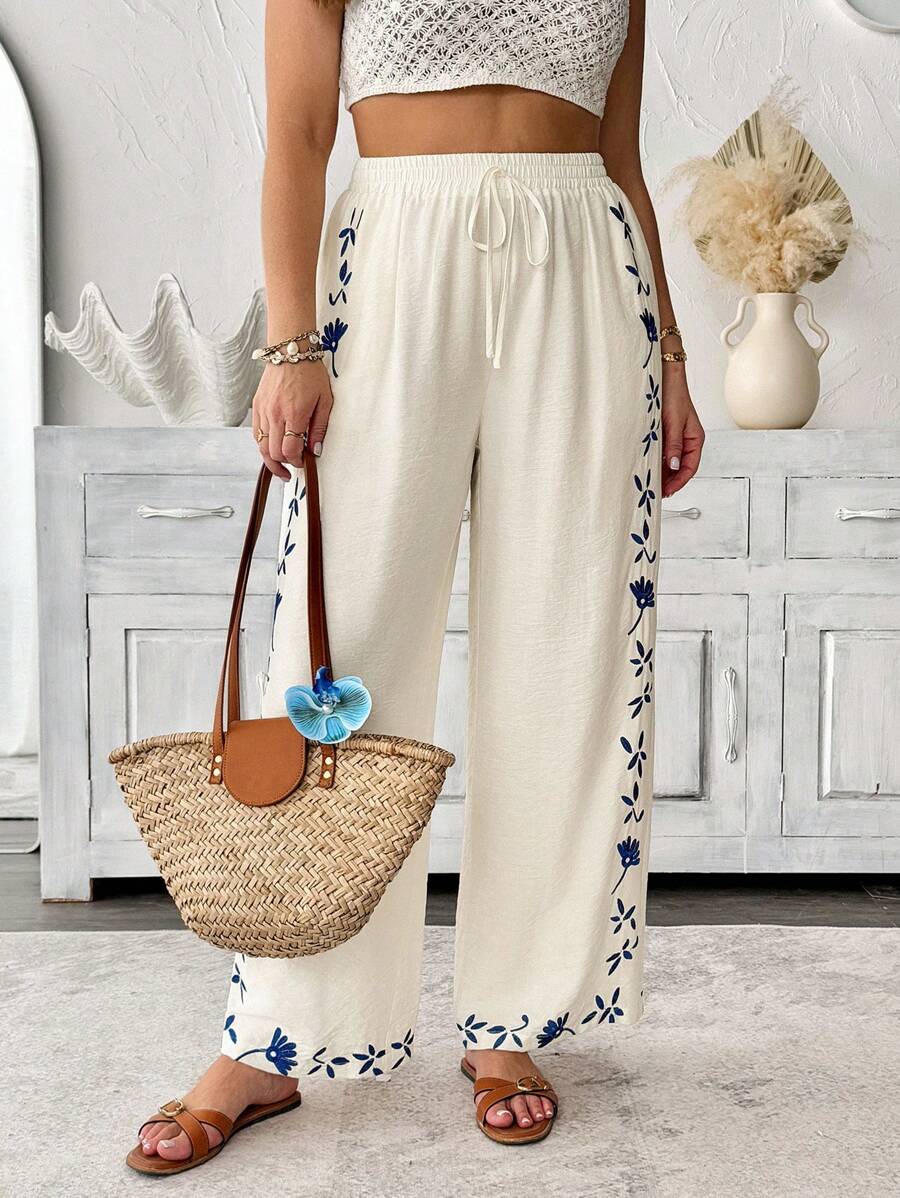 Breezaya Plus Size Women's Elegant Casual Boho Beachwear Pants,Beige Autumn Holiday Vacation Embroidered Waistband,Elastic Waist,Side Pockets Fall Cloth - White - View 1