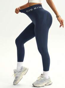 Dewbera 1pc Women Skinny Pants, Dark Gray Blue Letter Print Seamless Knit Yoga Fitness Outdoor Casual Sports Leggings - Blue - View 5