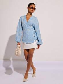 COSMINA 女式简约纯色长袖衬衫，波西米亚风，波西米亚风，波西米亚风 - 藍色 - 查看 5