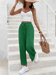 SHEIN Frenchy 女士纯色休闲长裤，适合夏季 - 橄欖綠 - 查看 6