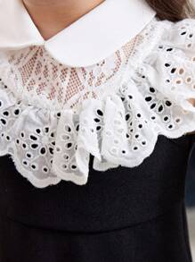 SHEIN Leap Crew 2pcs Set Young Girl Casual Sweet Collar Lace Patchwork Contrast Color Top And Skirt Suit - Black and White - View 4