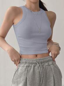 DAZY Top deportivo corto acanalado de unicolor básico para mujer