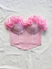 Soleia 浪漫性感露肩上衣，带有 3D 花卉贴花和蕾丝花边，合身款式适合婚礼、派对、节日、约会、下午茶、度假、音乐节、海滩、夏季、波西米亚风、钩针编织、亚麻等场合 - 粉色 - 查看 8
