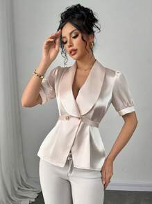 SHEIN Clasi Blus Elegan Wanita Warna Polos dengan Kerah Berkerut dan Lengan Pendek Mengembang - Aprikot - View 7