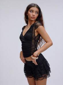 SHEIN Unity Minimalist & Versatile Halter Neck Ruched Lace Spring/Summer T-Shirt - Black - View 4