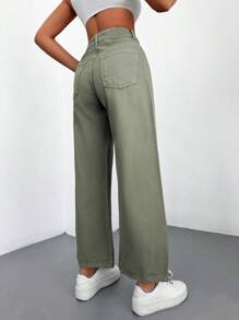 Cottnline 100%纯棉斜口袋休闲阔腿牛仔裤 - 軍綠色 - 查看 2