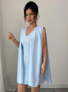 Elenzga Women's Fashionable Elegant Sexy V-Neck Sleeveless Fitted Splice Chiffon Wrap Flared Sleeve Bodycon Mini Skirt, Summer - Blue - View 3