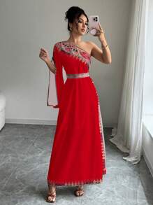 Elenzga 纯色几何印花优雅时尚连衣裙 - 紅色 - 查看 3