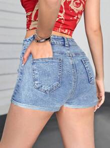 SHEIN Girlism Shorts vaqueros informales con bolsillos y efecto desgastado para adolescentes durante el verano