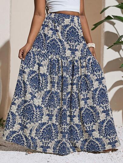 SHEIN Tween Girl Elastic Waist Loose Bohemian Vacation Printed Skirt, Summer