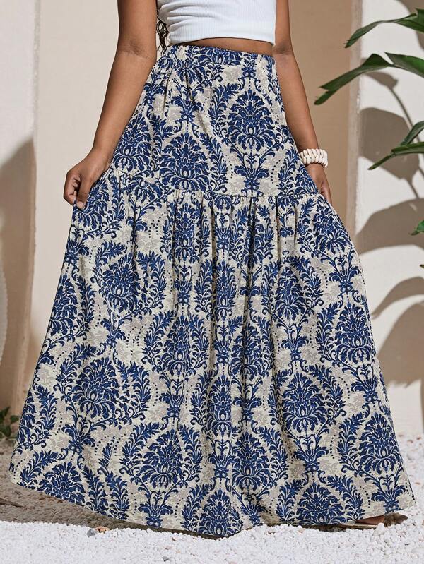 SHEIN Tween Girl Elastic Waist Loose Bohemian Vacation Printed Skirt, Summer