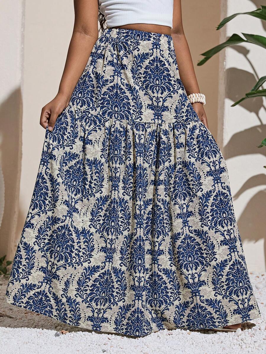 SHEIN Tween Girl Elastic Waist Loose Bohemian Vacation Printed Skirt, Summer