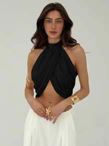 Aloruh 雪纺假日休闲时尚交叉褶皱后颈纽扣优雅性感女士衬衫 - 黑色 - 查看 4