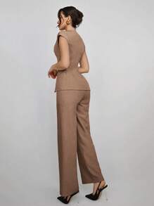 Aloruh Bộ quần áo vest và vest đơn hàng khuy đơn màu tối giản dành cho nữ, trang phục đi làm văn phòng, trang phục công sở mùa hè dành cho nữ, trang phục công sở chuyên nghiệp dành cho nữ vào mùa thu/đông - màu nâu - Xem 2