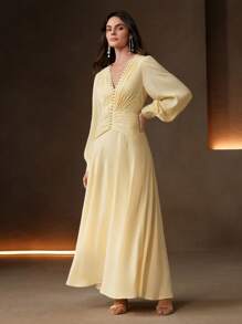 Anewsta 女士优雅V领褶皱腰褶连衣裙，女士生日礼服，婚礼宾客礼服 - 黃色 - 查看 4