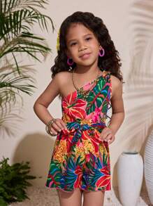Mono de niña con estampado tropical y cuello halter, adecuado para la playa/vacaciones