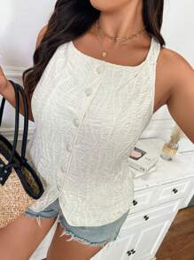 SHEIN Frenchy Women Plus Size Textured Single-Breasted Sleeveless Casual Shirt - Beige - View 1