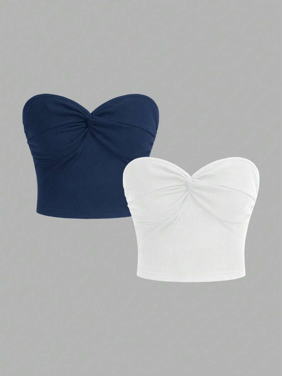 SHEIN MOD Two-Piece Set Twist Front Ribbed Knit Bodycon Summer Tube Top - Multicolor - View 1