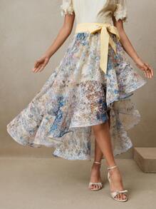 Anewsta 不对称碎花蝴蝶结装饰半透明女裙，时尚设计，适合春季、夏季、节日、毕业典礼等场合。 - 黃色 - 查看 6