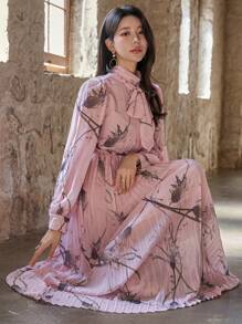 DAZY Vestido plisado de manga farol con estampado floral elegante, vestido de manga larga para primavera/otoño - Rosa - Ver 1