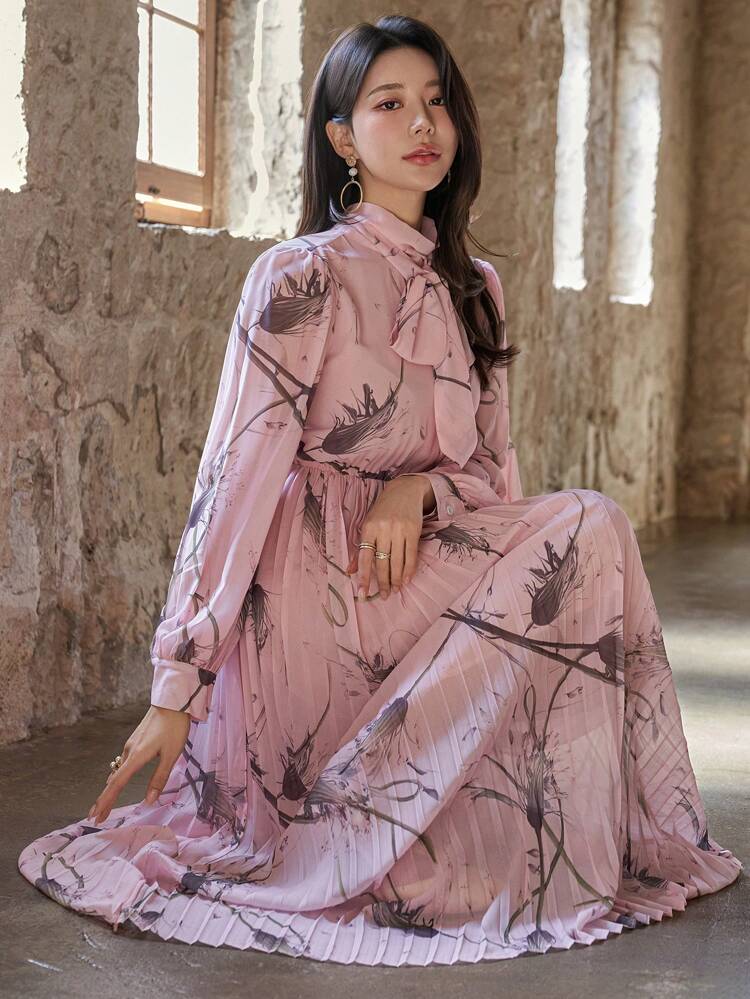 Elegant Floral Print Lantern Sleeve Mid-Calf Pleated Dress, Spring/Fall Long Sleeve Dress