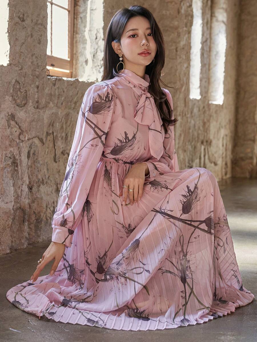 DAZY Vestido plisado de manga farol con estampado floral elegante, vestido de manga larga para primavera/otoño - Rosa - Ver 1