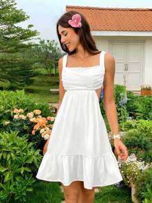 SHEIN VCAY Simple Lightweight Woven Hollow Out Design Ladies Summer Vacation Mini White Dresses For Women,Summer Outfits For Women,Summer Clothes,European Summer - White - View 5