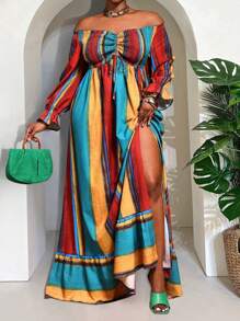 Slaydiva Robe de vacances grande taille, nouvelle arrivée. Convient pour le printemps et l'été. Polyvalente, décontractée, tout-aller, sexy. Imprimé rétro multicolore dégradé rayé. Sans manches, épaules dénudées, manches longues, taille cintrée, fente haute, volants à l'ourlet, coupe évasée ample. - Multicolore - Voir 8