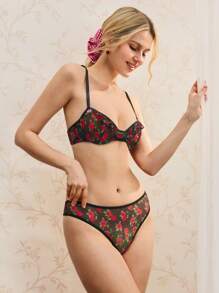 Bộ đồ lót ren gợi cảm họa tiết hoa hồng dành cho nữ - màu đen - Xem 3