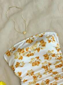 SHEIN Unity 女式夏季欧式美式花卉印花修身褶饰修身短款休闲度假抹胸迷你连衣裙 - 黃色 - 查看 4