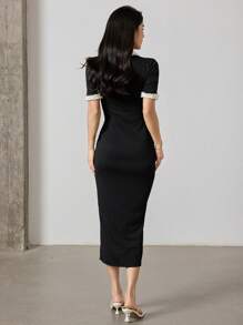 Heiryn 撞色饰边纽扣前身紧身连衣裙长款晚礼服 - 黑色 - 查看 2