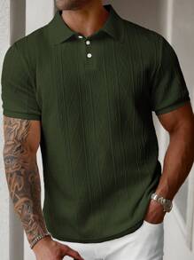 Manfinity Homme 大尺碼男士紋理短袖休閒通勤 Polo 衫，正式款 - 綠色 - 查看 4
