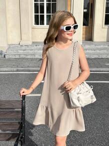 SHEIN Leap Crew Tween 女童圆领无袖荷叶边下摆纯色休闲连衣裙，卡其色