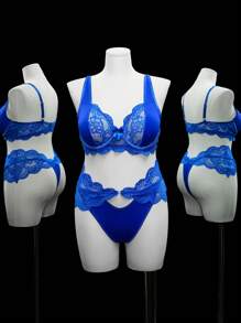 SHEIN Seduluxe 2 Stücke Große Größen Spitze & Mesh Paneel Unterbügel Sexy BH & Slip Dessous Set
