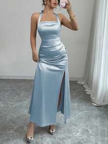 Rafferiza Elegant Champagne Color Bodycon Camisole Satin Hem Side Slit Dress - Baby Blue - View 4