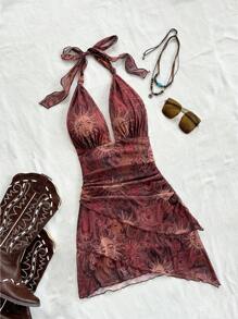 SHEIN ICON Đầm ngắn lãng mạn cổ chữ V buộc nơ gợi cảm họa tiết Paisley lưới xếp nếp viền bất đối xứng, trang phục nghỉ dưỡng - Nhiều màu - Xem 1