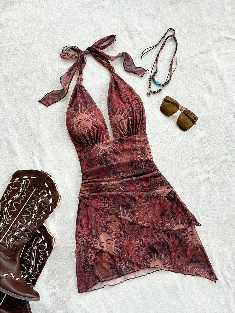 SHEIN ICON Đầm ngắn lãng mạn cổ chữ V buộc nơ gợi cảm họa tiết Paisley lưới xếp nếp viền bất đối xứng, trang phục nghỉ dưỡng - Nhiều màu - Xem 1