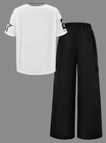 SHEIN ChillGRL Tween Girls' Casual Letter Striped V-Neck Off-Shoulder Loose T-Shirt & Number Graphic Tee Paired With Cool Cargo Straight Leg Pocket Pants 2 Pieces Set, Fashion Outfit For Spring, Summer, Autumn Outfit Set Summer Holiday - Black - View 2