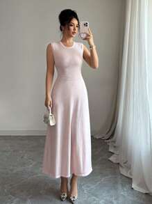 Selianne Fashionable Elegant Round Neck Sleeveless Rhinestone Decor Dress For Women - Pink - View 3
