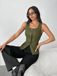 SHEIN EZwear Chaleco de traje de mujer de corte slim en color verde oliva tejido para otoño/invierno - Verde militar - Ver 7