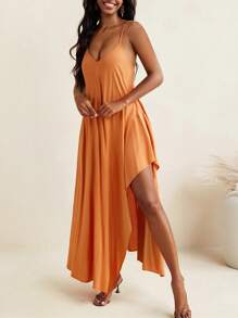 Amiko Summer Flowy Soft Viscose Spaghetti Straps Tie Back Asymmetric Tent Maxi Dress Vacation Dress - Orange - View 4