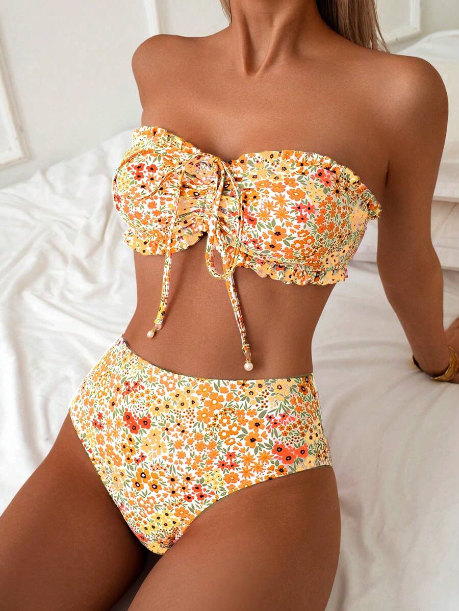 SHEIN Swim Women's Summer Beach Vacation Outfits - Cute Ditsy Floral Frill Bandeau, Beaded Drawstring Tie Bikini Set - Multicolor - View 1
