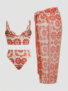 Swim Oasis 3pcs/Set Plus Size Women Print Twisted Bandeau Swimsuit With Detachable Straps, Hollow Design High Waist Briefs And See-Through Mesh Skirt, Fashion Beach Holiday Bikini Set For Summer Beach Vacation - Multicolor - View 2