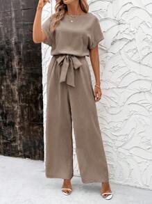 SHEIN Clasi Summer Elegant Women's Blue Cool Linen Pleated Fabric With Shoulder Sleeves And Tied Waist Short Sleeved Jumpsuit, Suitable For Various Occasions, Daily Travel, Outings, Etc - Mocha Brown - View 5
