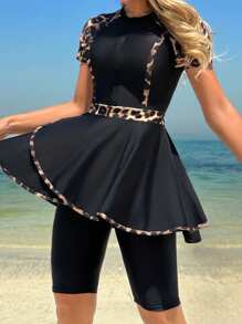 Swim Mulvari Traje de baño tankini de mujer con estampado de leopardo, de manga corta, con cremallera delantera y shorts, ropa de playa