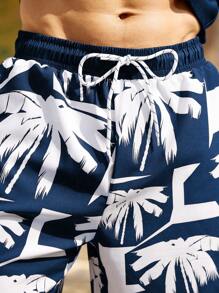 Manfinity VDAYZ Set de 2 piezas de traje de baño de hombre con estampado de árbol de coco, de manga larga y shorts, estilo hawaiano